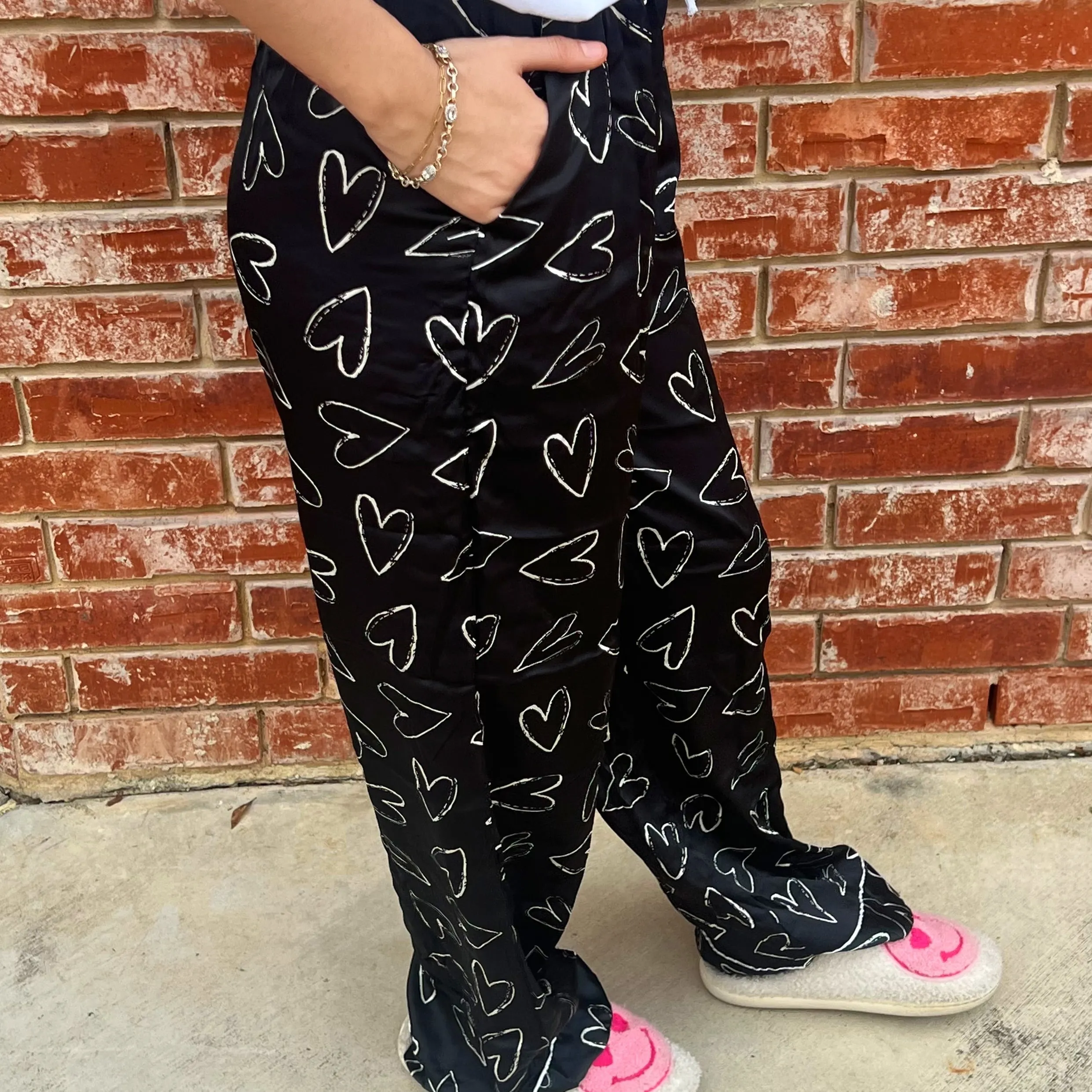 Hello Mello Heart Shaped Black Satin Pajama Pants