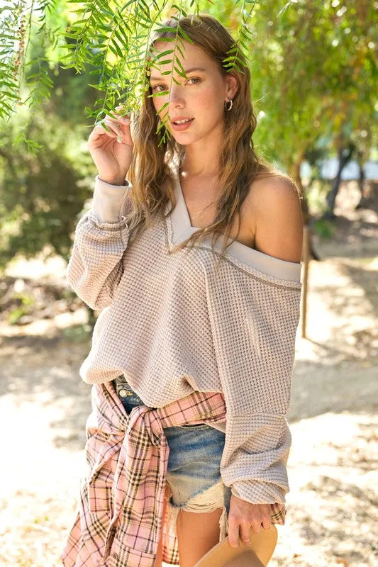 Holly Waffle Knit V Neck  Oversized Top