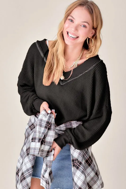 Holly Waffle Knit V Neck  Oversized Top