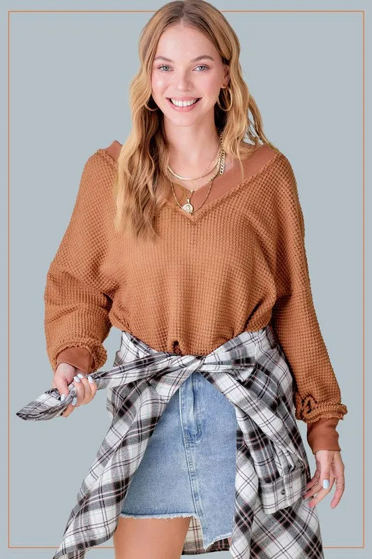 Holly Waffle Knit V Neck  Oversized Top