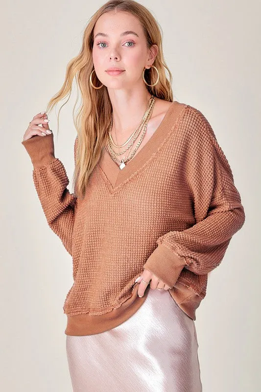 Holly Waffle Knit V Neck  Oversized Top