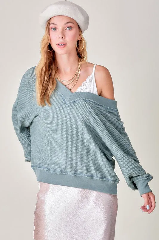 Holly Waffle Knit V Neck  Oversized Top