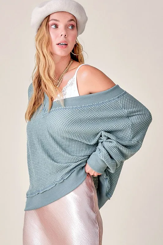 Holly Waffle Knit V Neck  Oversized Top