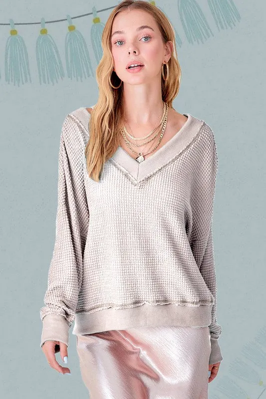 Holly Waffle Knit V Neck  Oversized Top