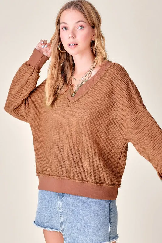 Holly Waffle Knit V Neck  Oversized Top