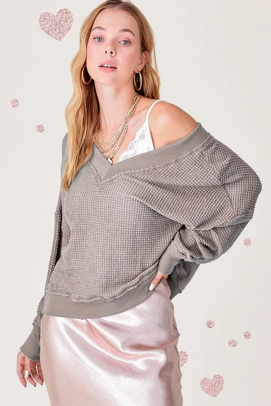 Holly Waffle Knit V Neck  Oversized Top