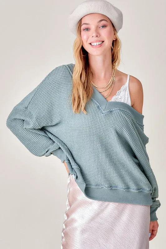 Holly Waffle Knit V Neck  Oversized Top