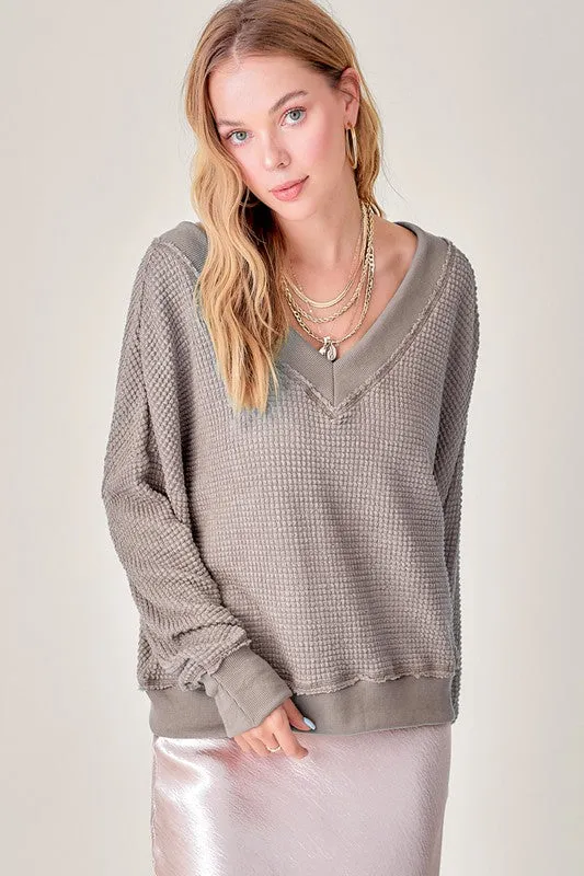 Holly Waffle Knit V Neck  Oversized Top