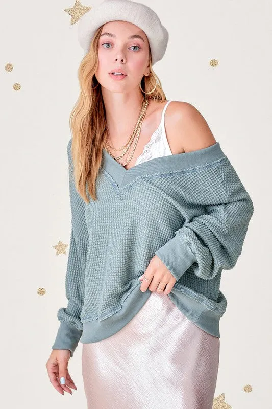Holly Waffle Knit V Neck  Oversized Top