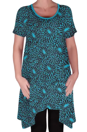 Hope Long Tunic Flared Uneven Hem Print Short Sleeve Top
