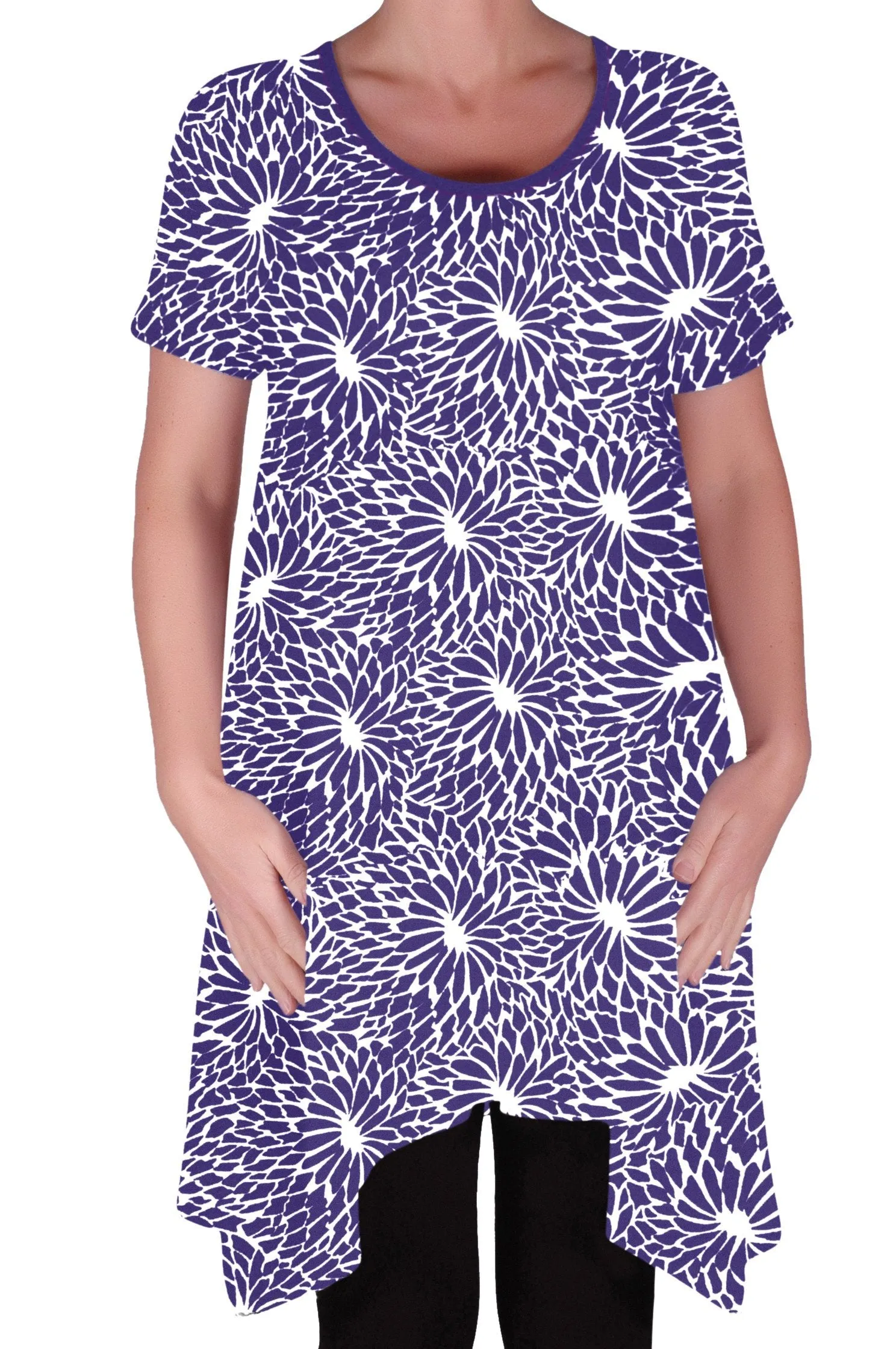 Hope Long Tunic Flared Uneven Hem Print Short Sleeve Top