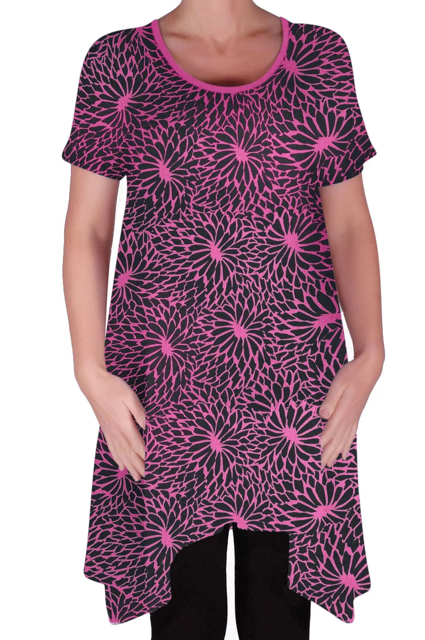 Hope Long Tunic Flared Uneven Hem Print Short Sleeve Top