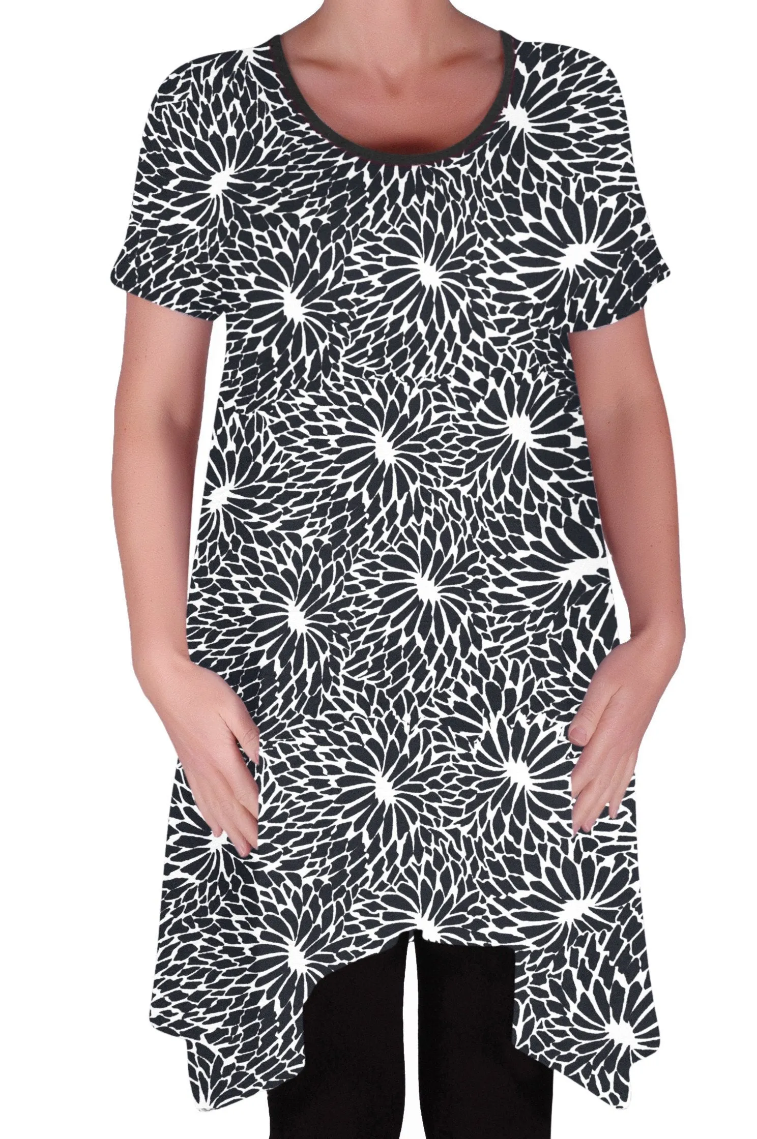 Hope Long Tunic Flared Uneven Hem Print Short Sleeve Top