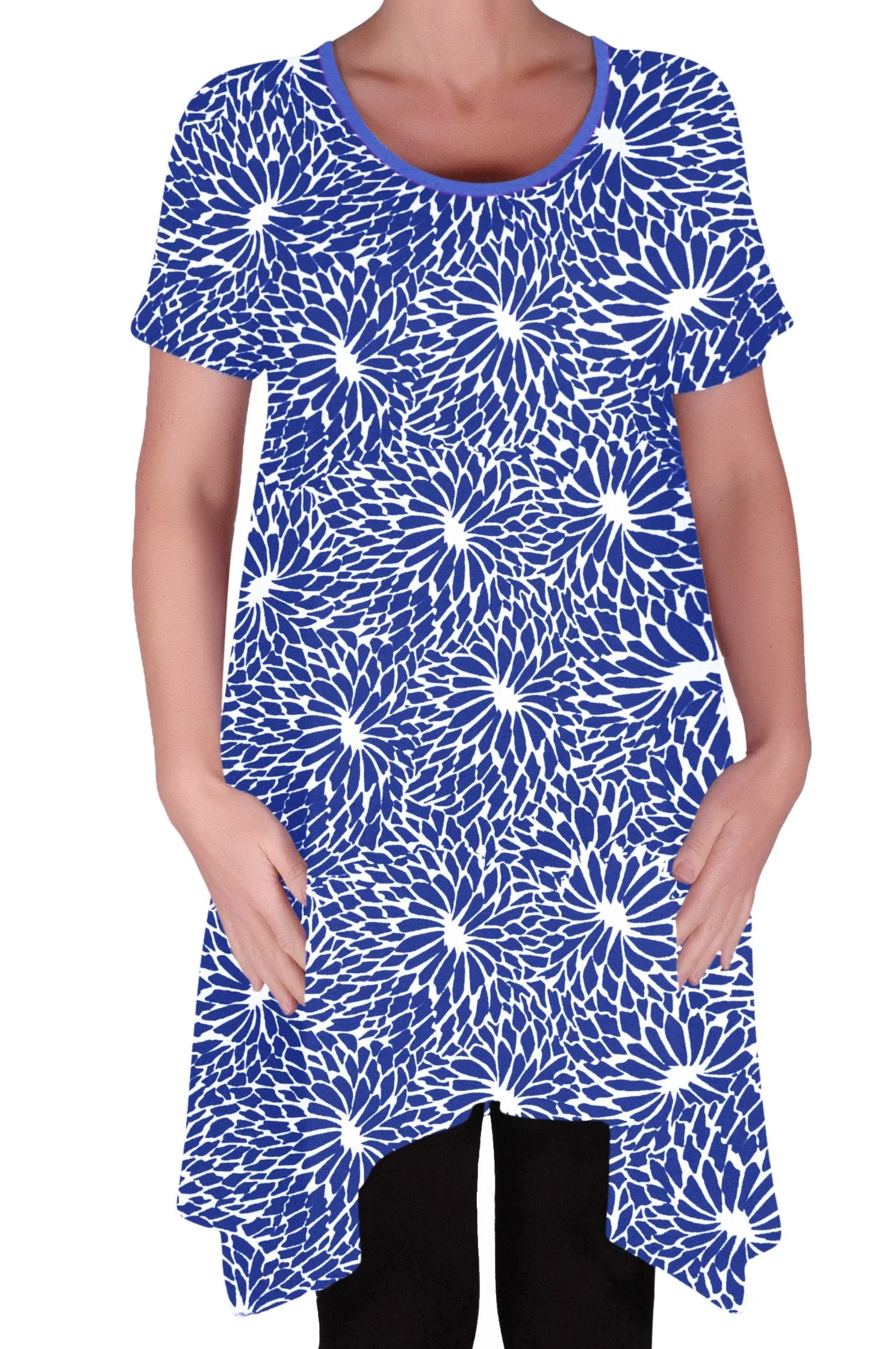 Hope Long Tunic Flared Uneven Hem Print Short Sleeve Top