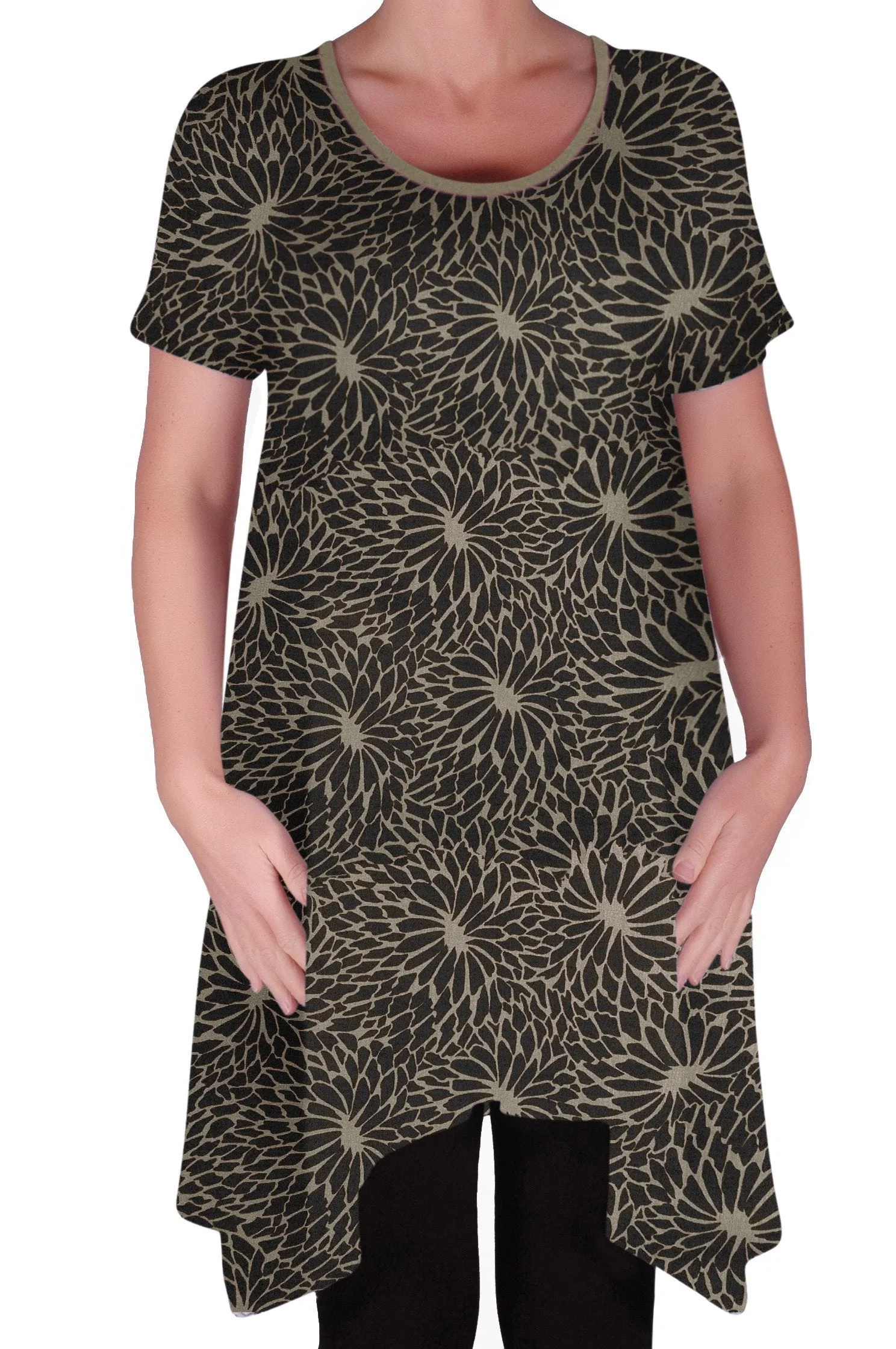 Hope Long Tunic Flared Uneven Hem Print Short Sleeve Top