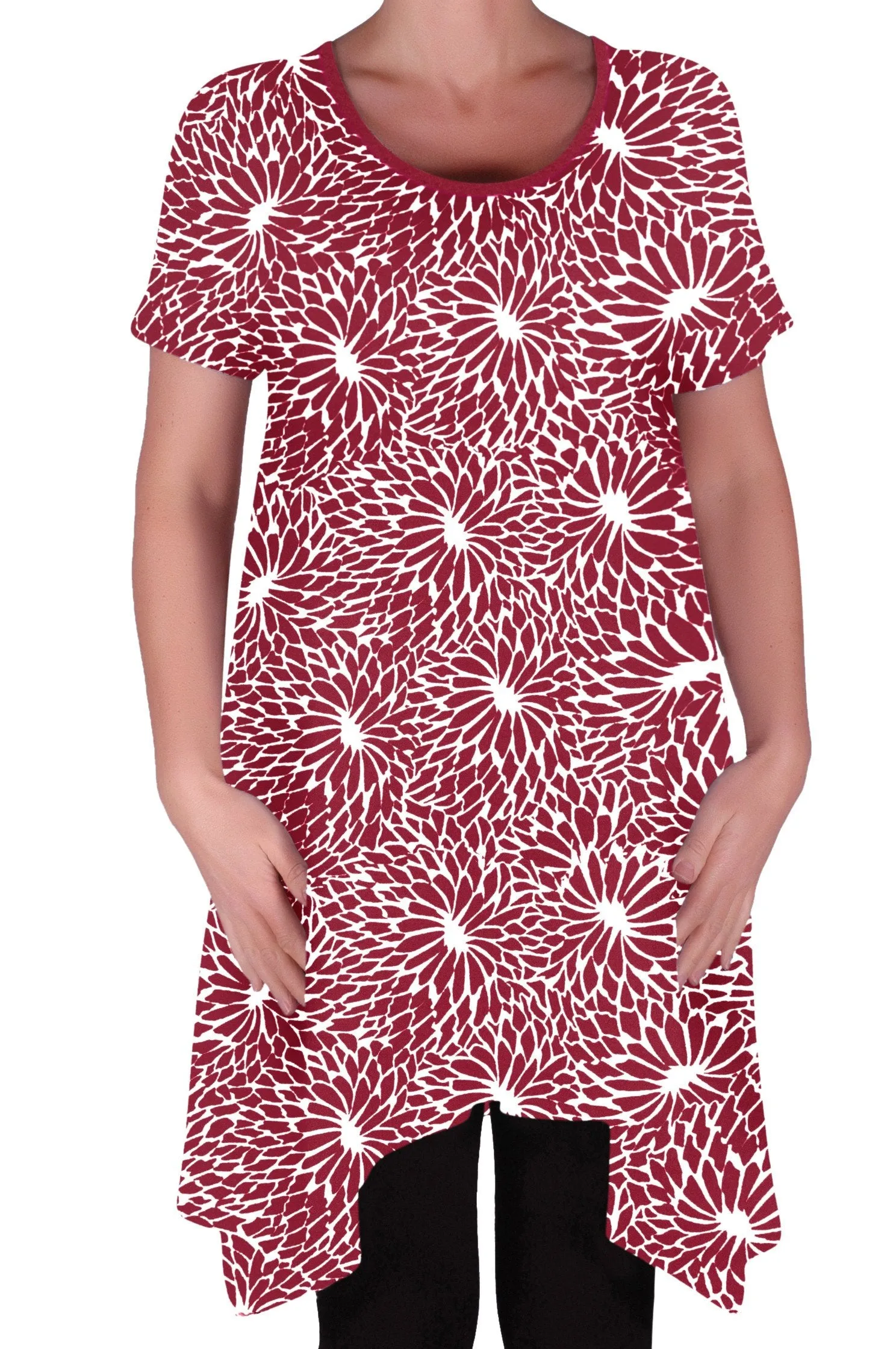 Hope Long Tunic Flared Uneven Hem Print Short Sleeve Top