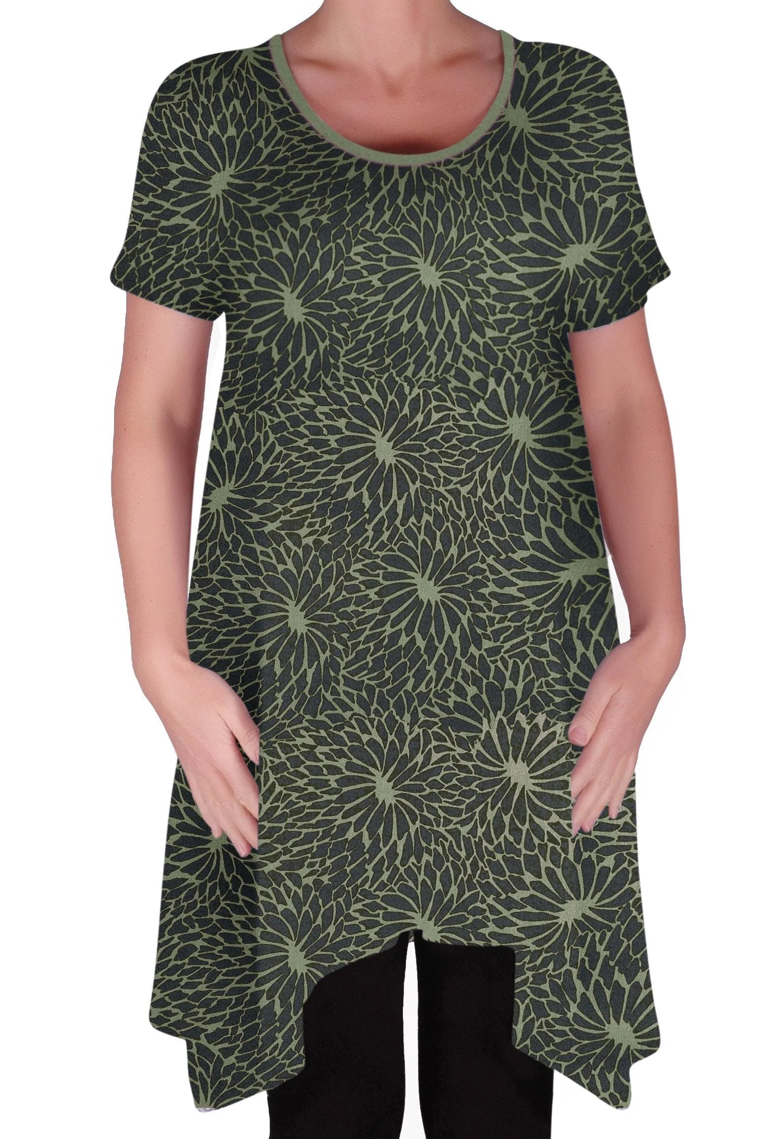 Hope Long Tunic Flared Uneven Hem Print Short Sleeve Top