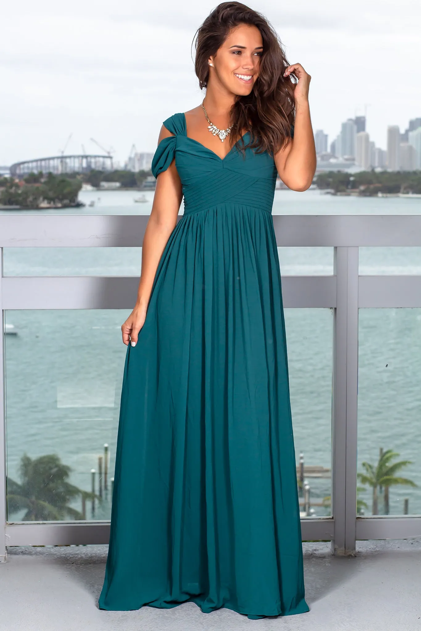 Hunter Green Off Shoulder Maxi Dress