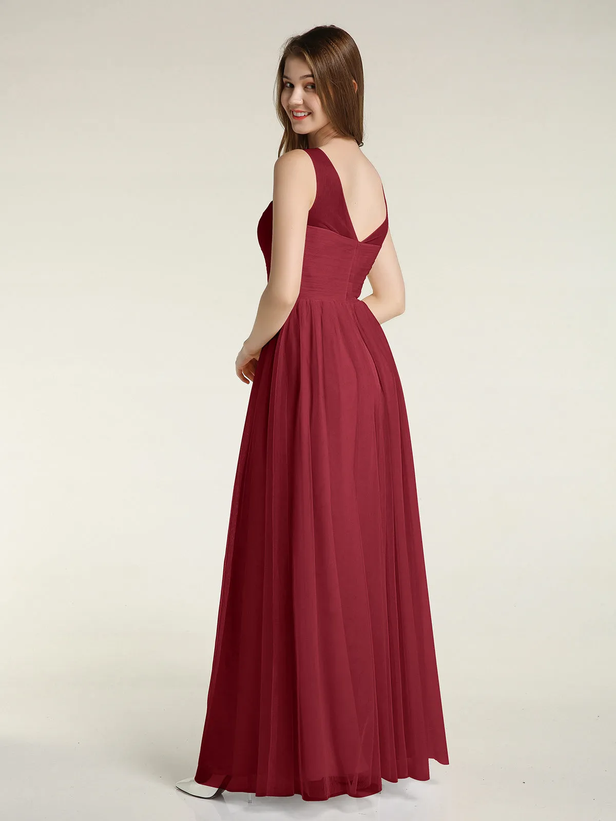 Illusion Neck Cross Tulle Bridesmaid Dresses-Burgundy