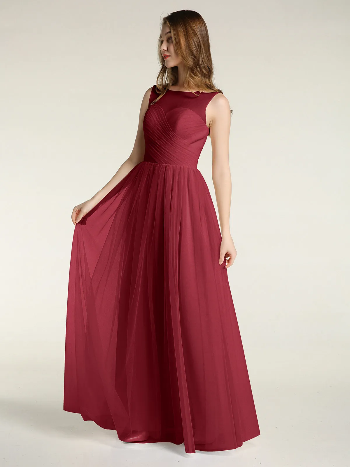 Illusion Neck Cross Tulle Bridesmaid Dresses-Burgundy