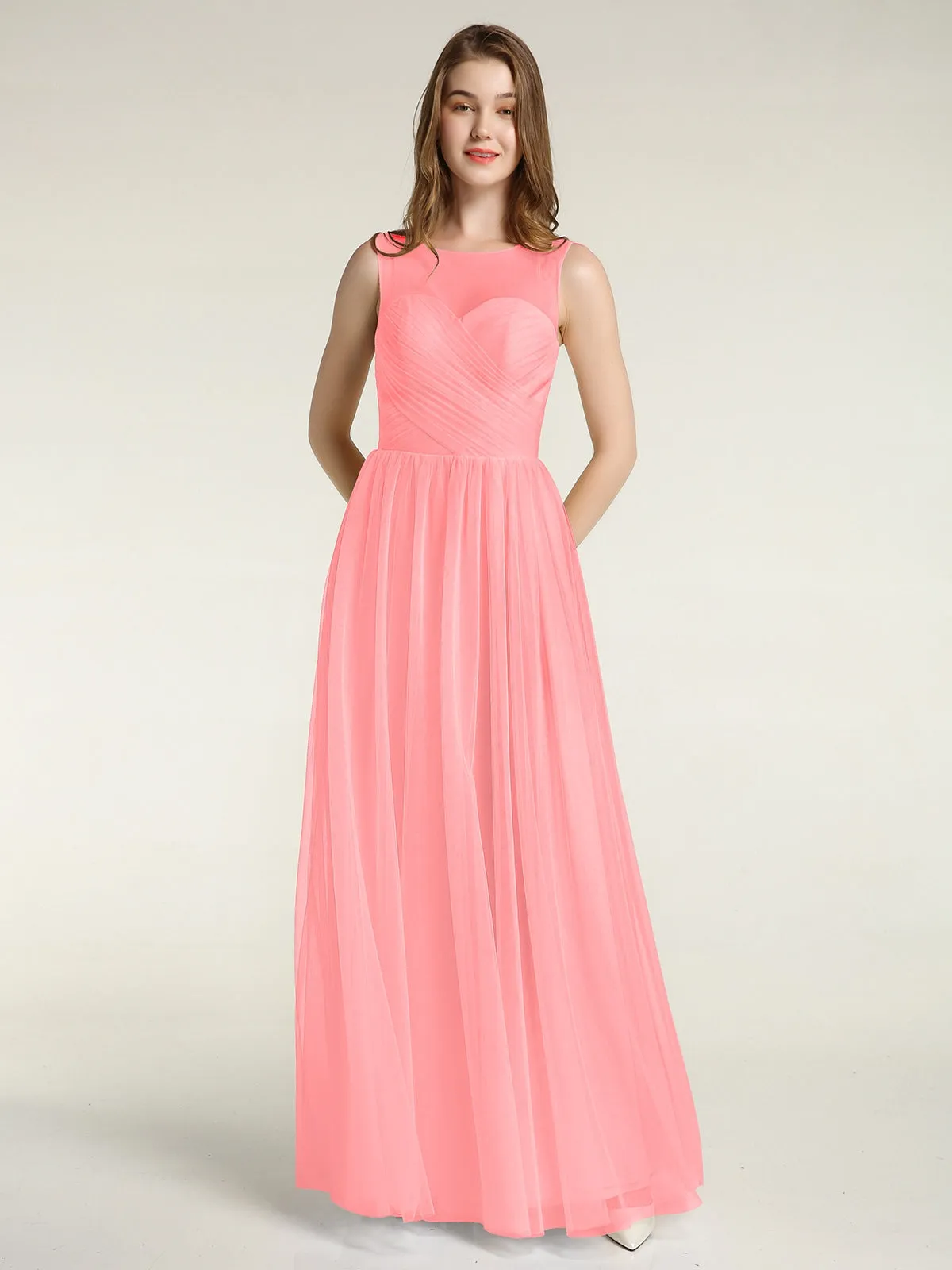 Illusion Neck Cross Tulle Bridesmaid Dresses-Flamingo