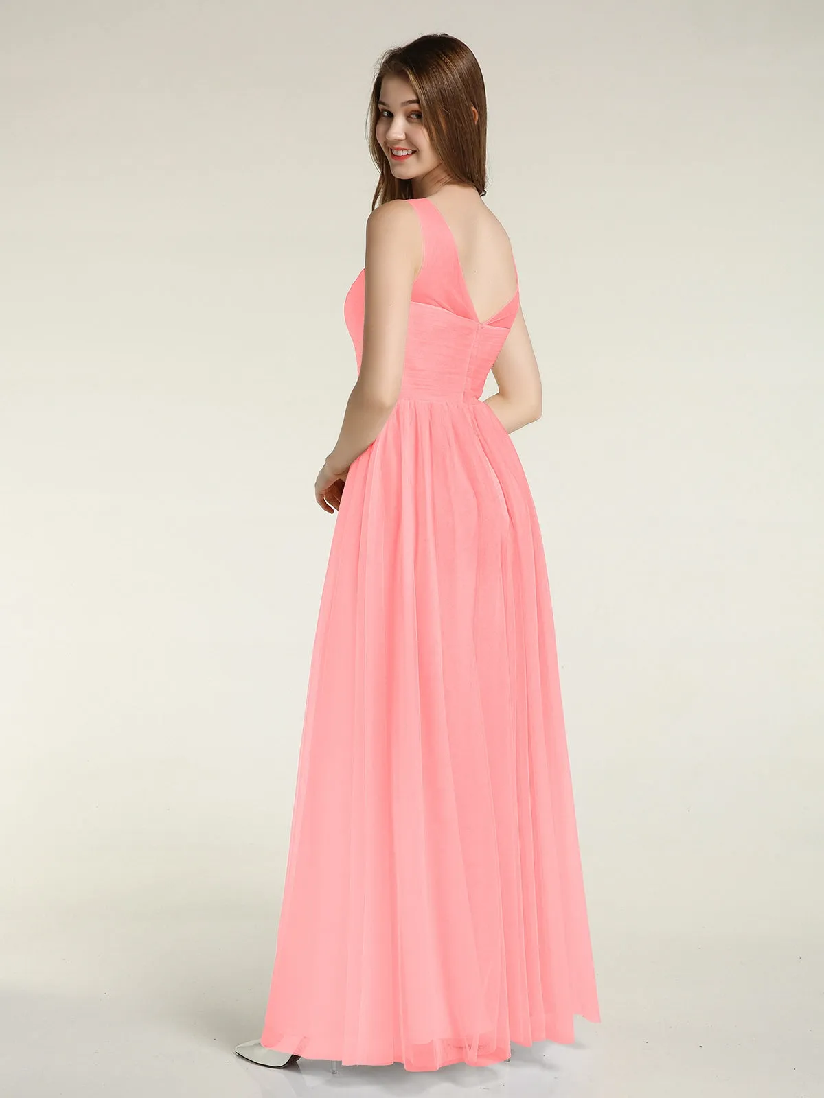 Illusion Neck Cross Tulle Bridesmaid Dresses-Flamingo