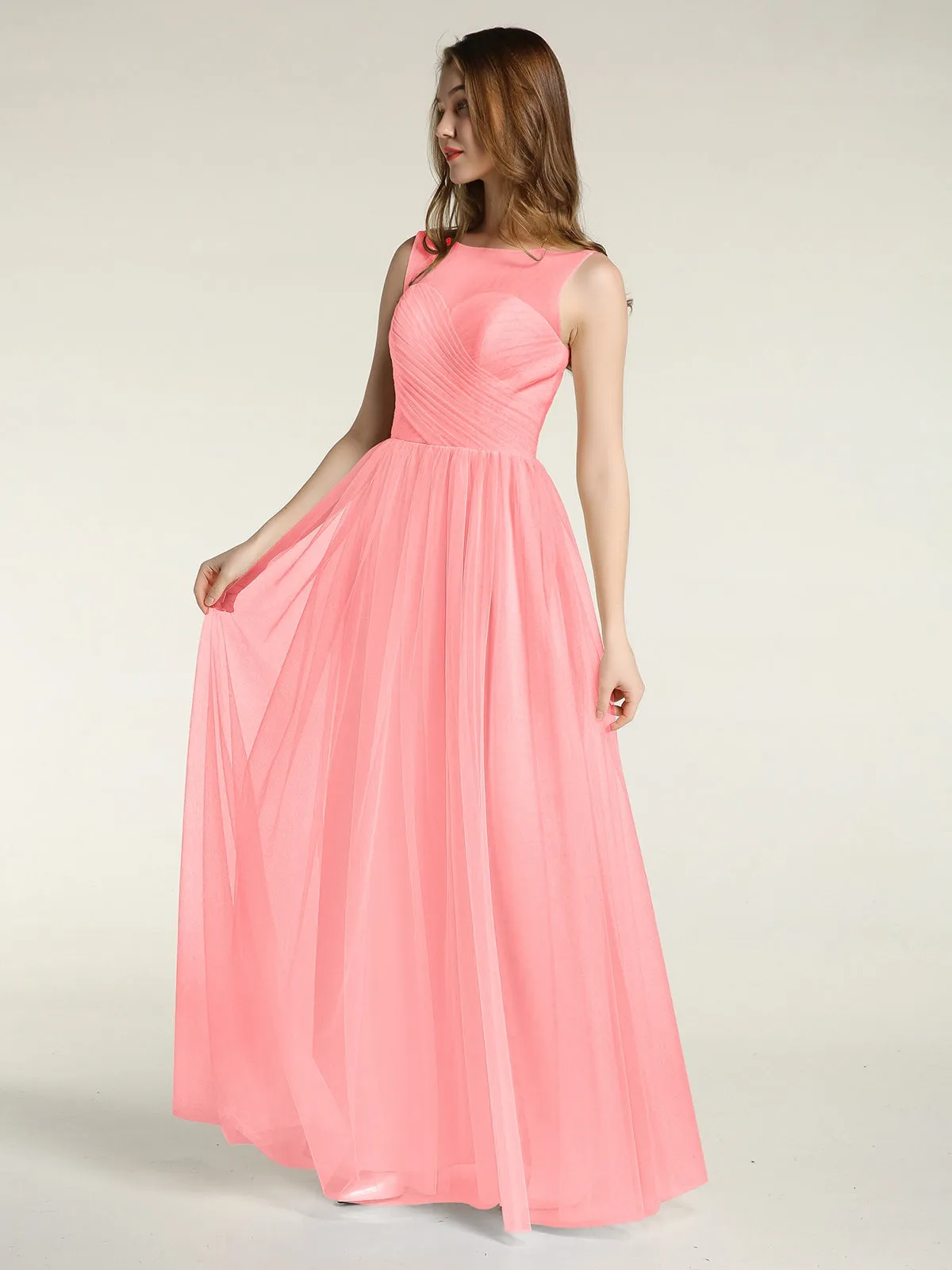 Illusion Neck Cross Tulle Bridesmaid Dresses-Flamingo