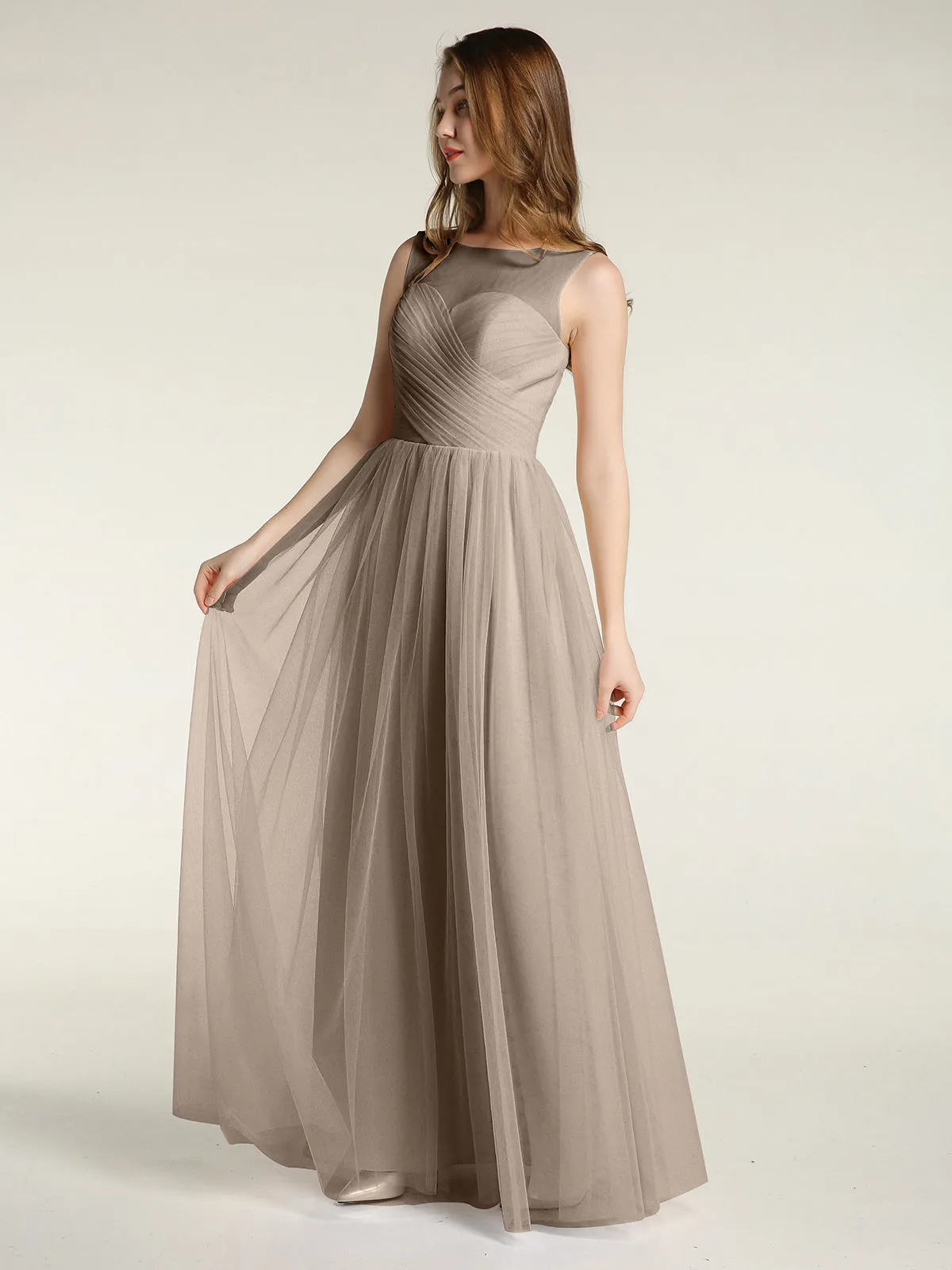Illusion Neck Cross Tulle Bridesmaid Dresses-Taupe