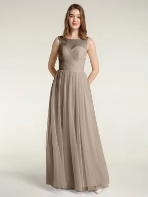 Illusion Neck Cross Tulle Bridesmaid Dresses-Taupe