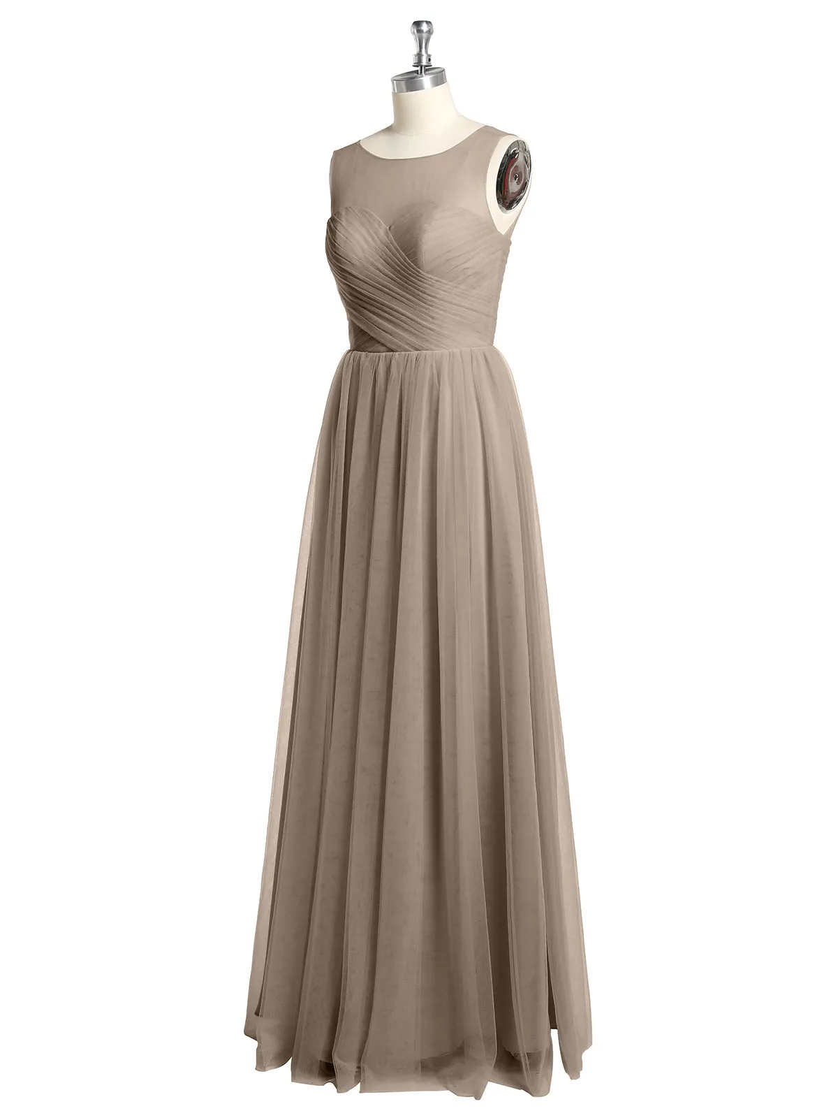 Illusion Neck Cross Tulle Bridesmaid Dresses-Taupe