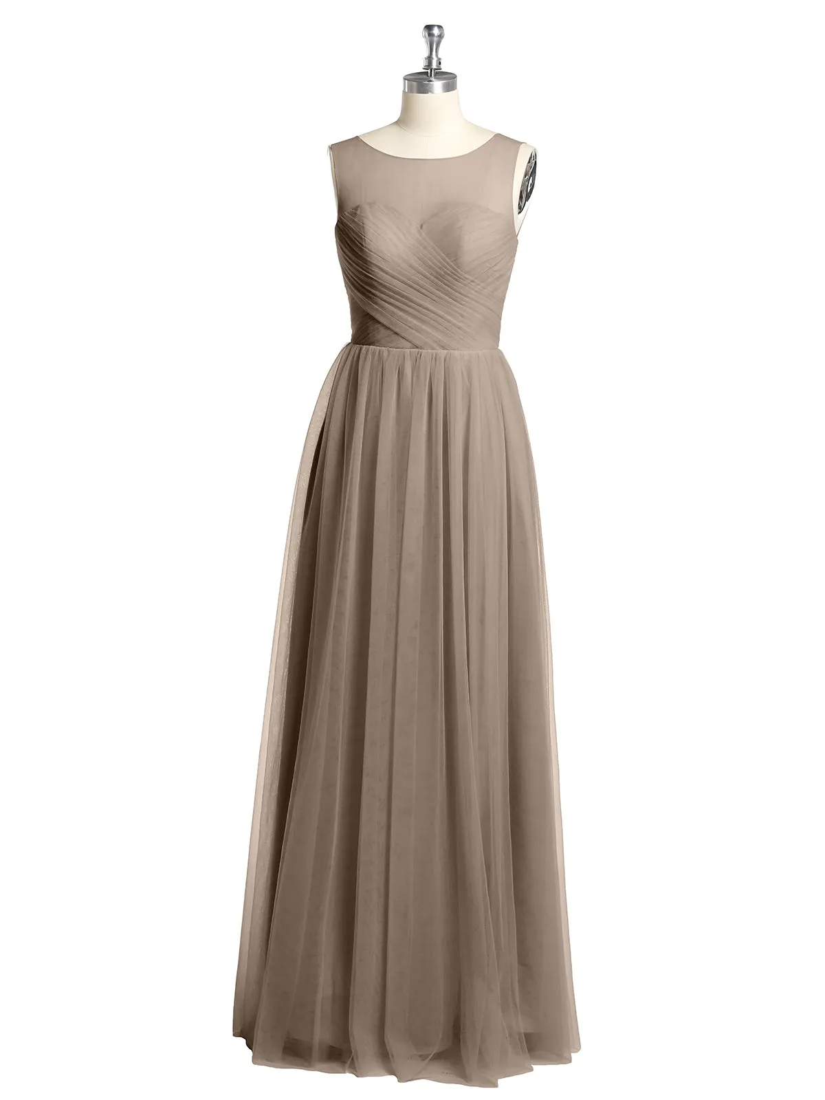 Illusion Neck Cross Tulle Bridesmaid Dresses-Taupe