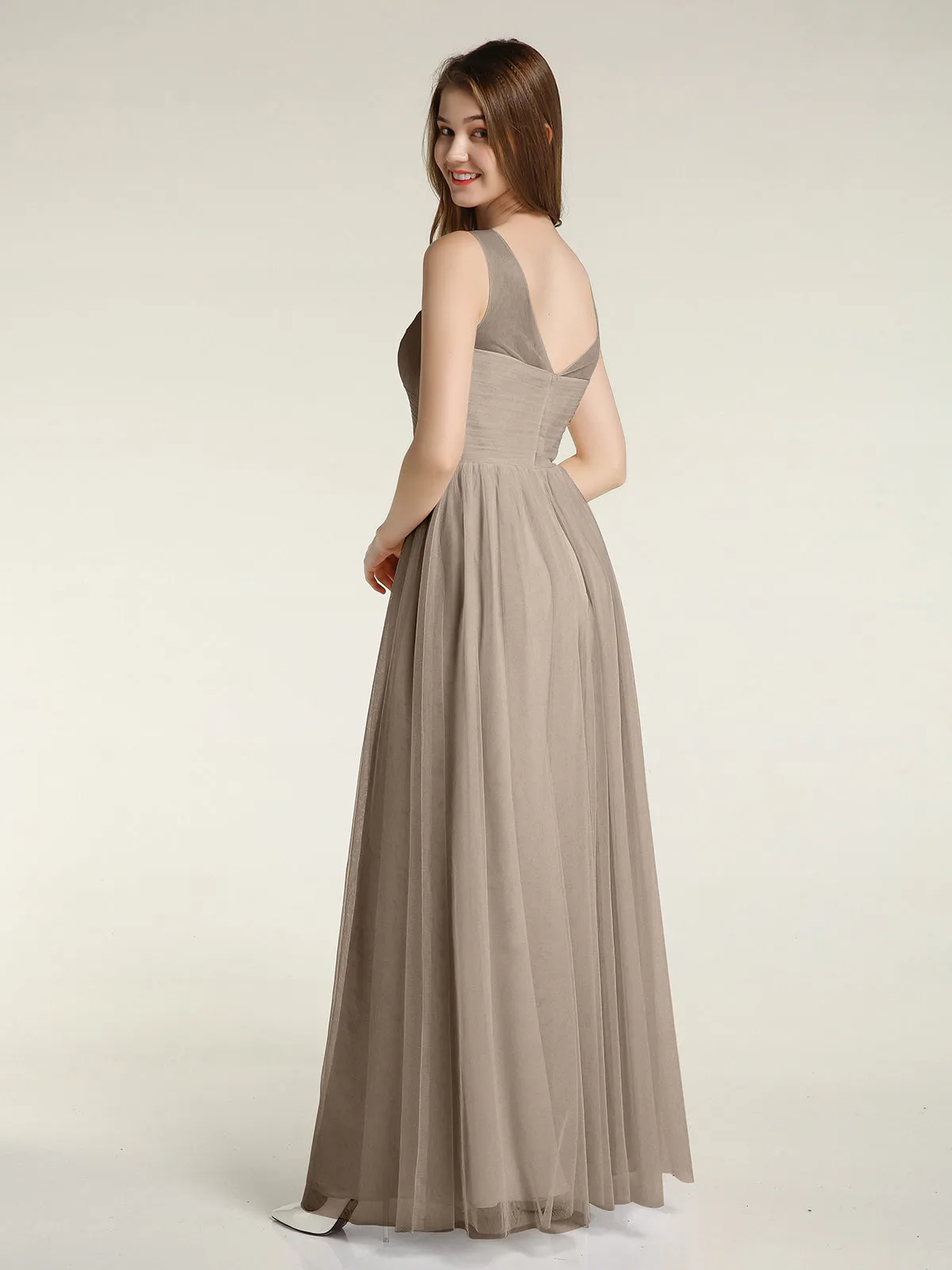 Illusion Neck Cross Tulle Bridesmaid Dresses-Taupe