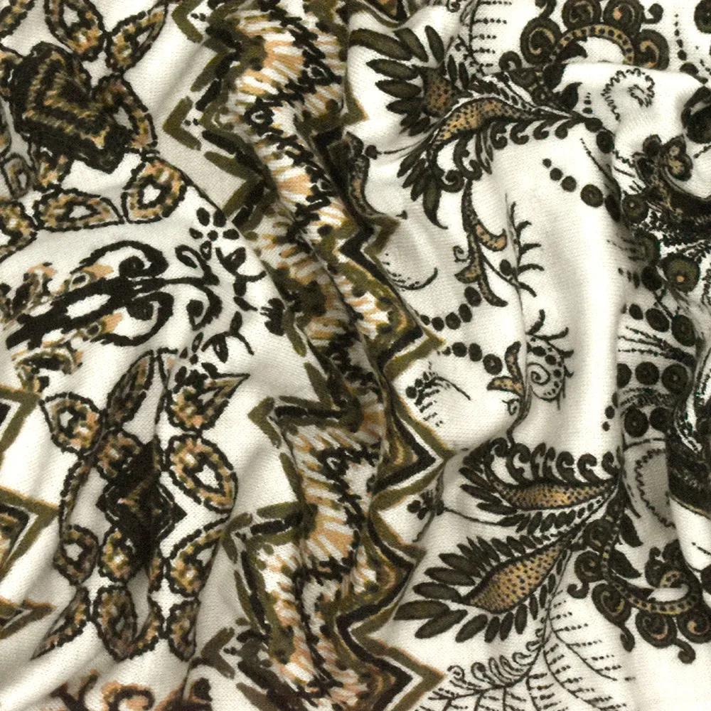 Ivory-Multi Baroque Chevron Printed Slub Rayon Stretch Jersey Knit Fabric