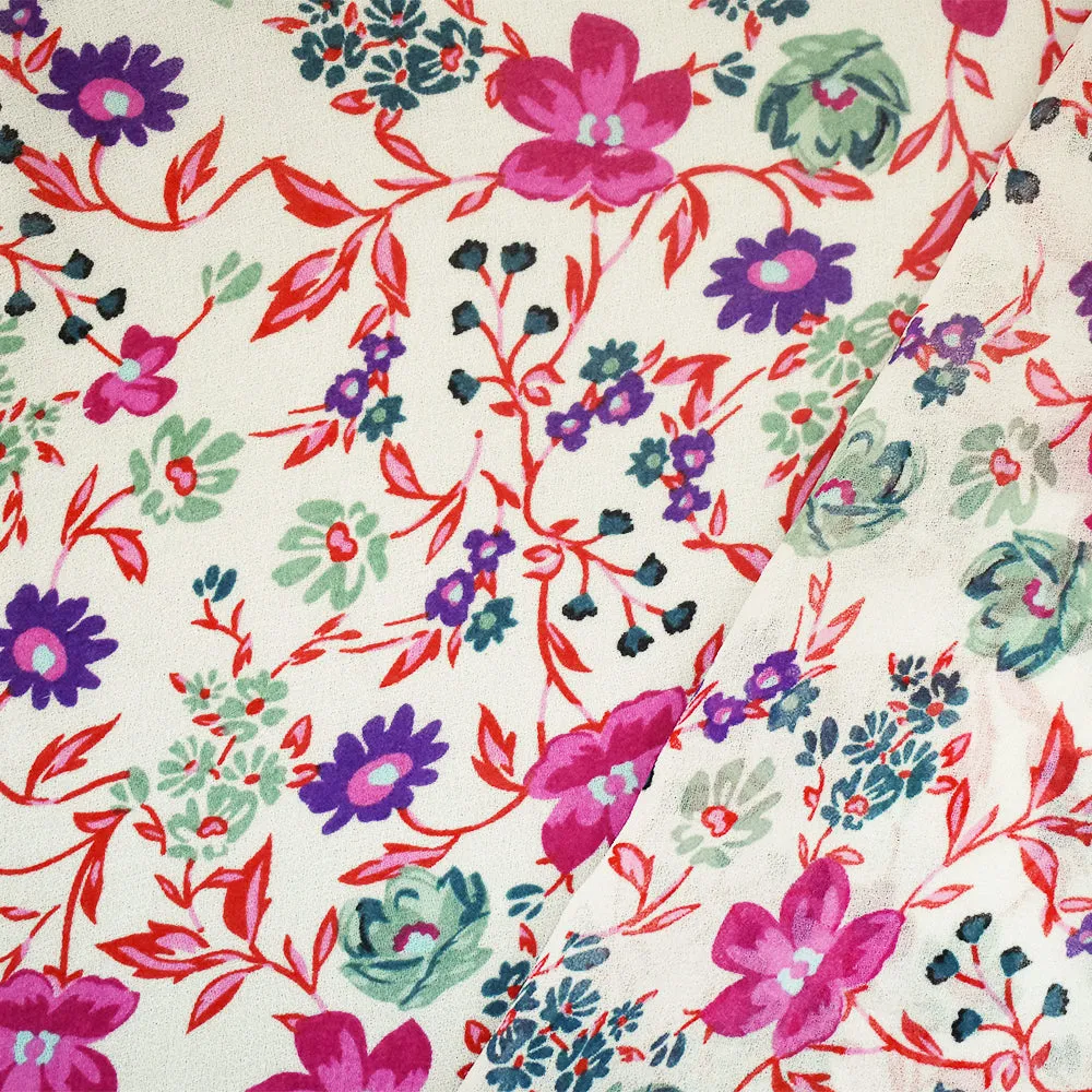 Ivory-Pink-Multi Floral Printed Poly Chiffon Woven Fabric
