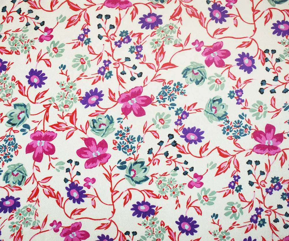Ivory-Pink-Multi Floral Printed Poly Chiffon Woven Fabric