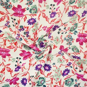 Ivory-Pink-Multi Floral Printed Poly Chiffon Woven Fabric