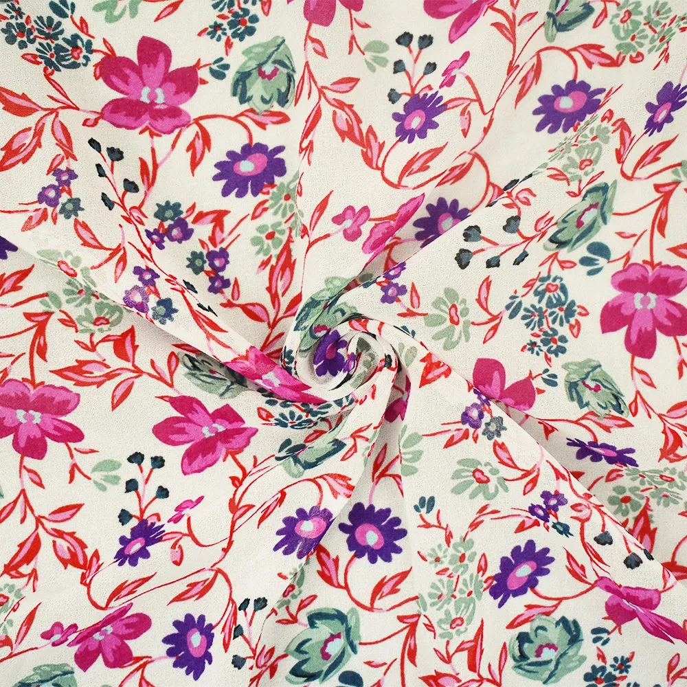 Ivory-Pink-Multi Floral Printed Poly Chiffon Woven Fabric