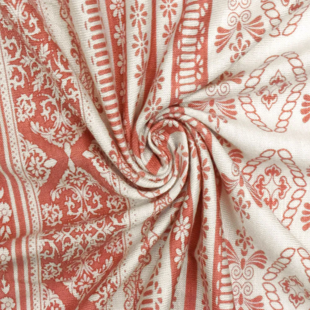 Ivory-Rose Pink Pillar Printed Rayon Stretch Jersey Knit Fabric