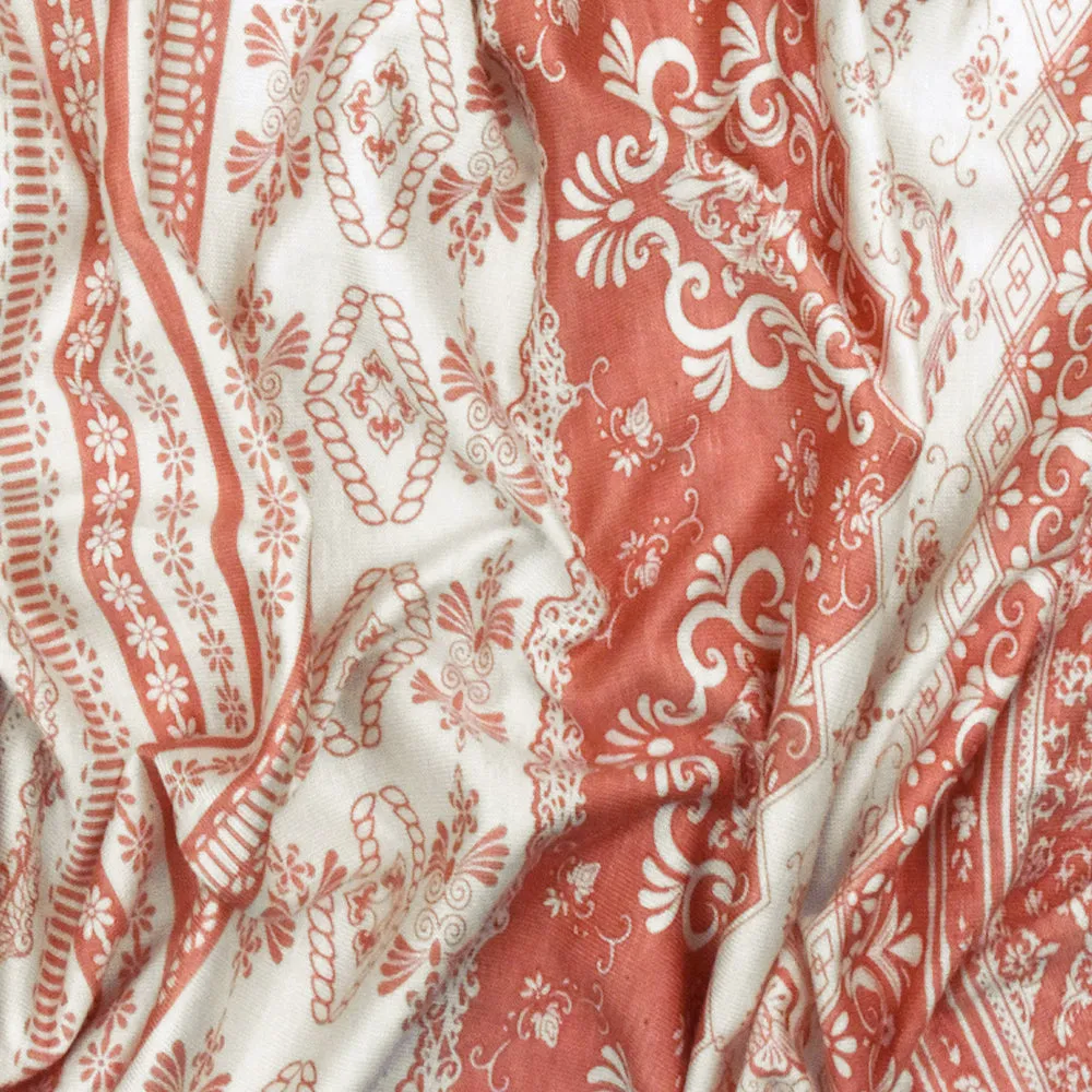Ivory-Rose Pink Pillar Printed Rayon Stretch Jersey Knit Fabric