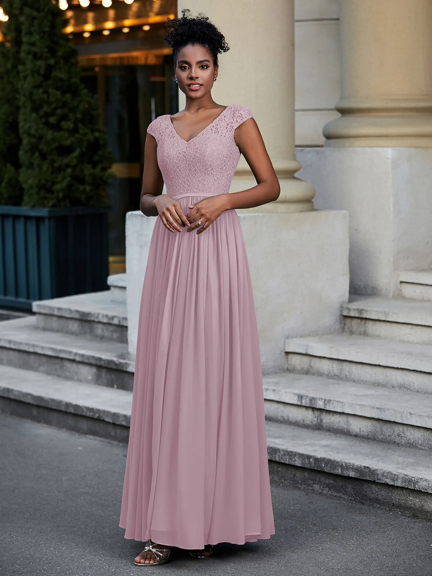Lace and Chiffon Maxi Dress with Cap Sleeves-Dusk Plus Size