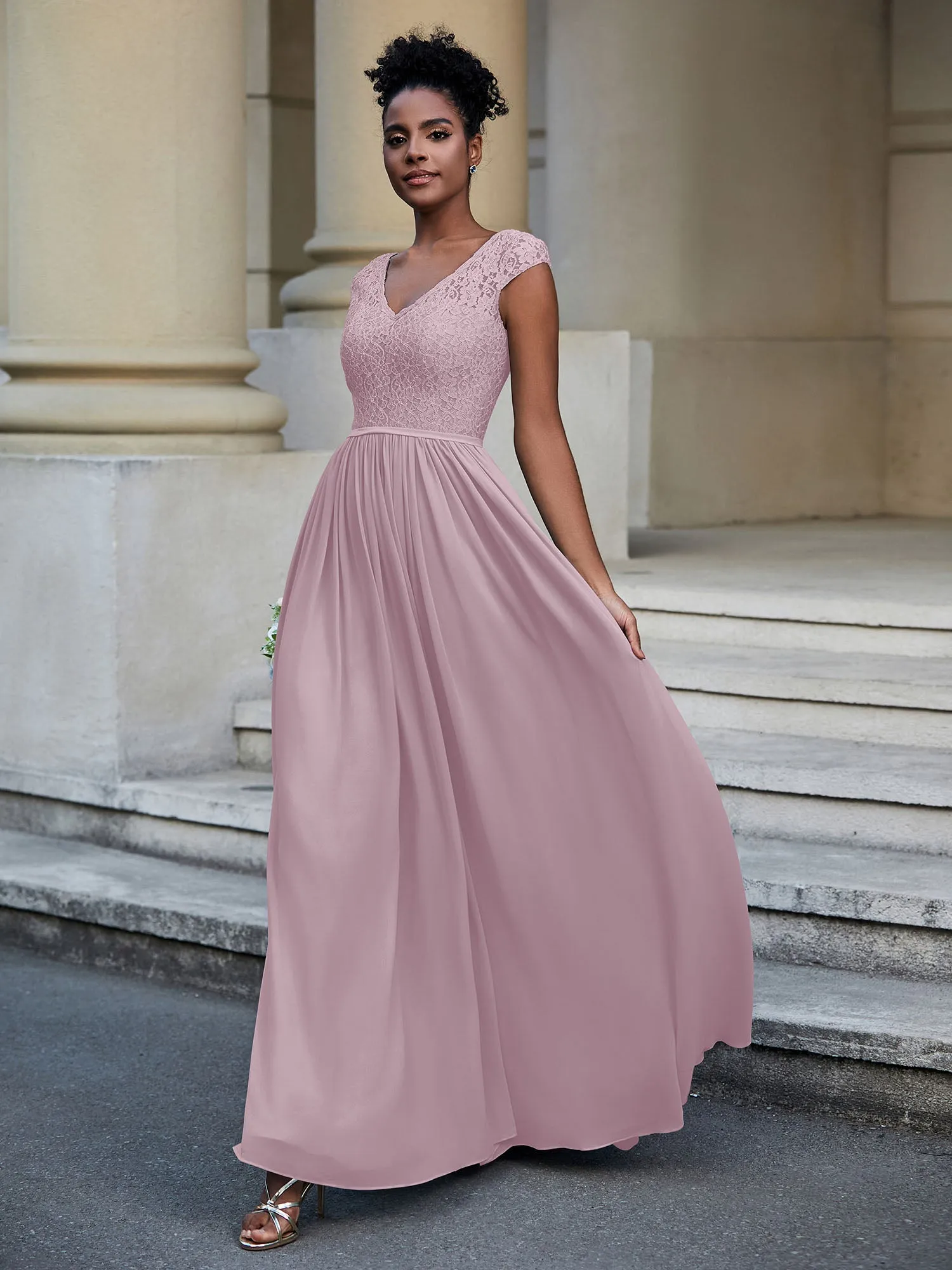 Lace and Chiffon Maxi Dress with Cap Sleeves-Dusk Plus Size