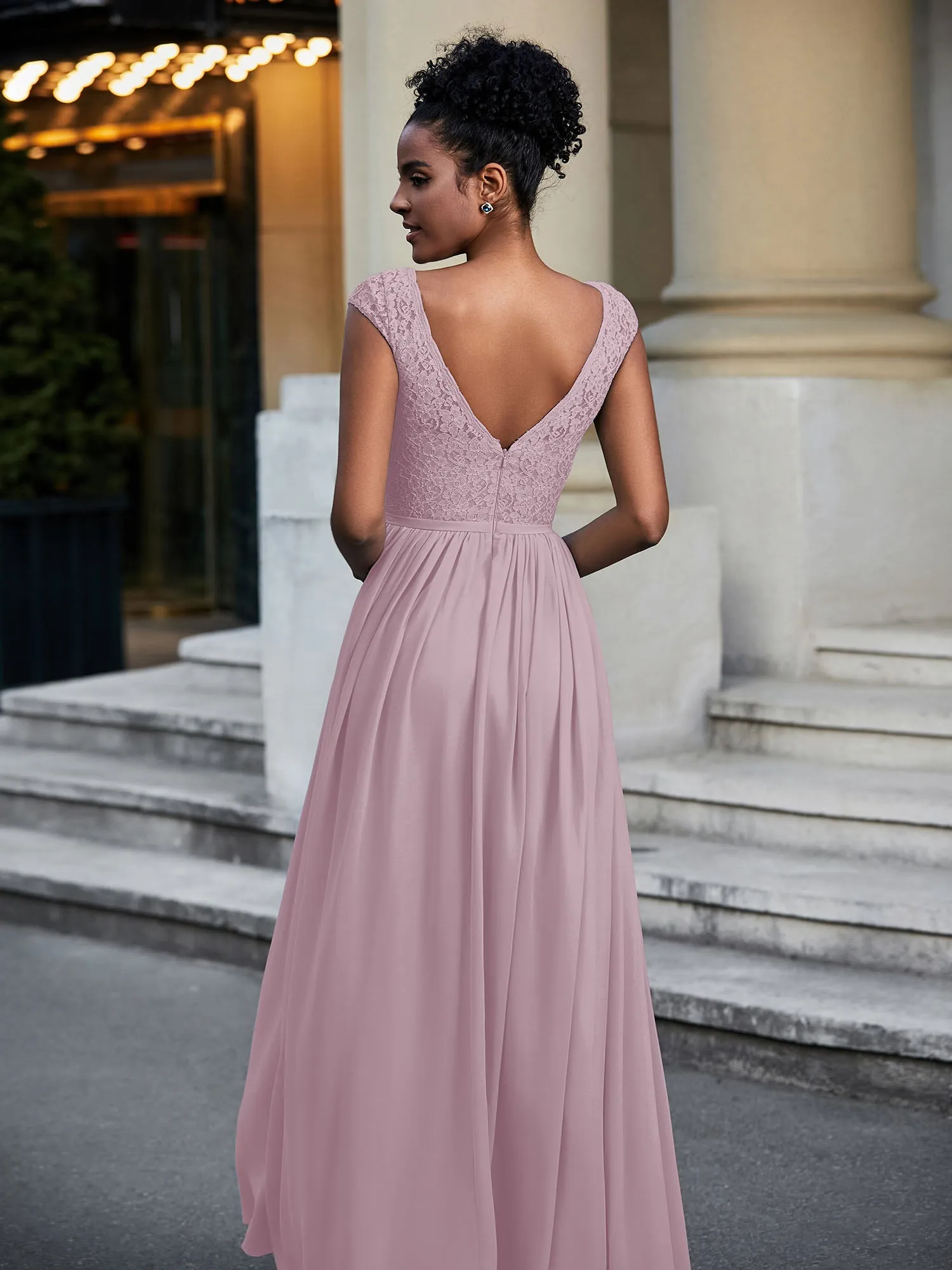 Lace and Chiffon Maxi Dress with Cap Sleeves-Dusk Plus Size