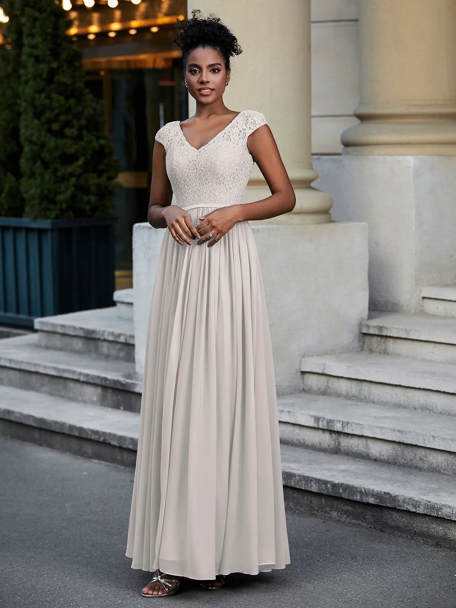 Lace and Chiffon Maxi Dress with Cap Sleeves-Silver Plus Size
