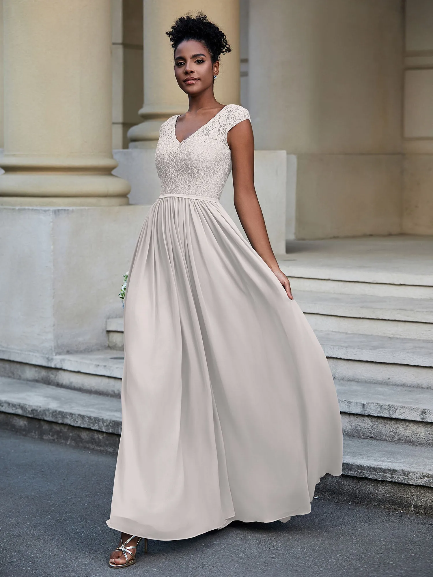 Lace and Chiffon Maxi Dress with Cap Sleeves-Silver Plus Size