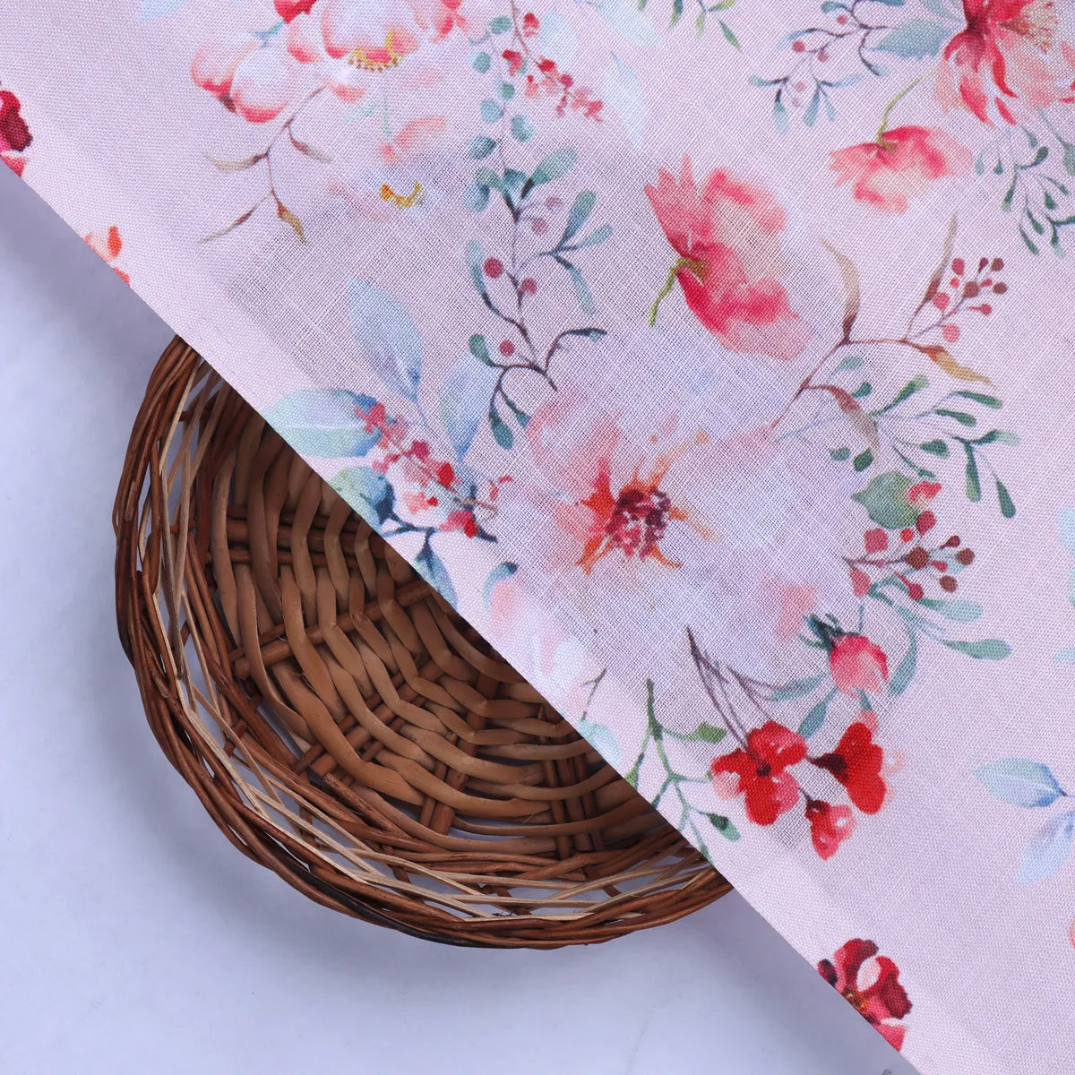 Linen Fabric with Pink Floral Print