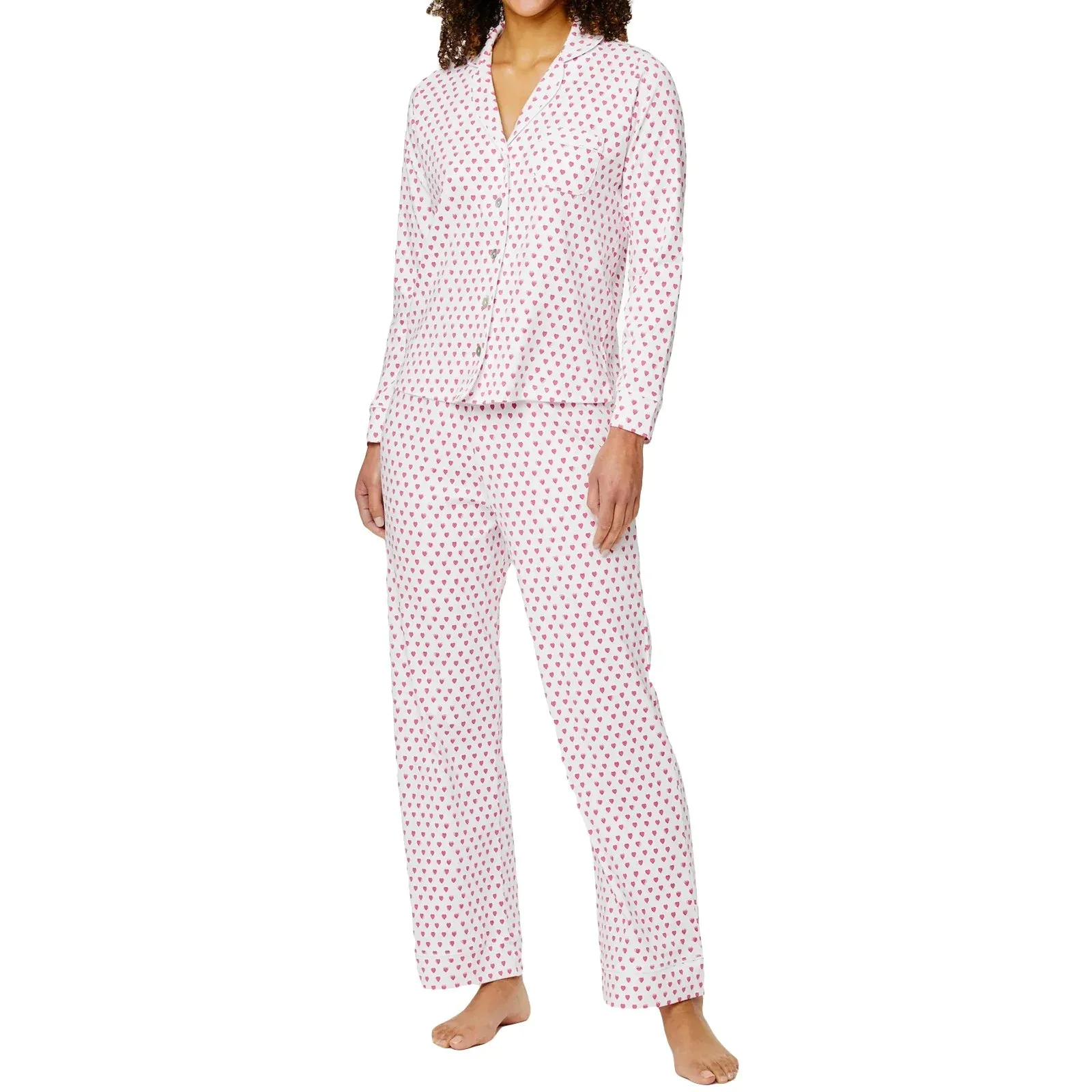 Long Sleeve Lapel Button Up Tops Heart Print Pants Sleepwear Fall Pajamas