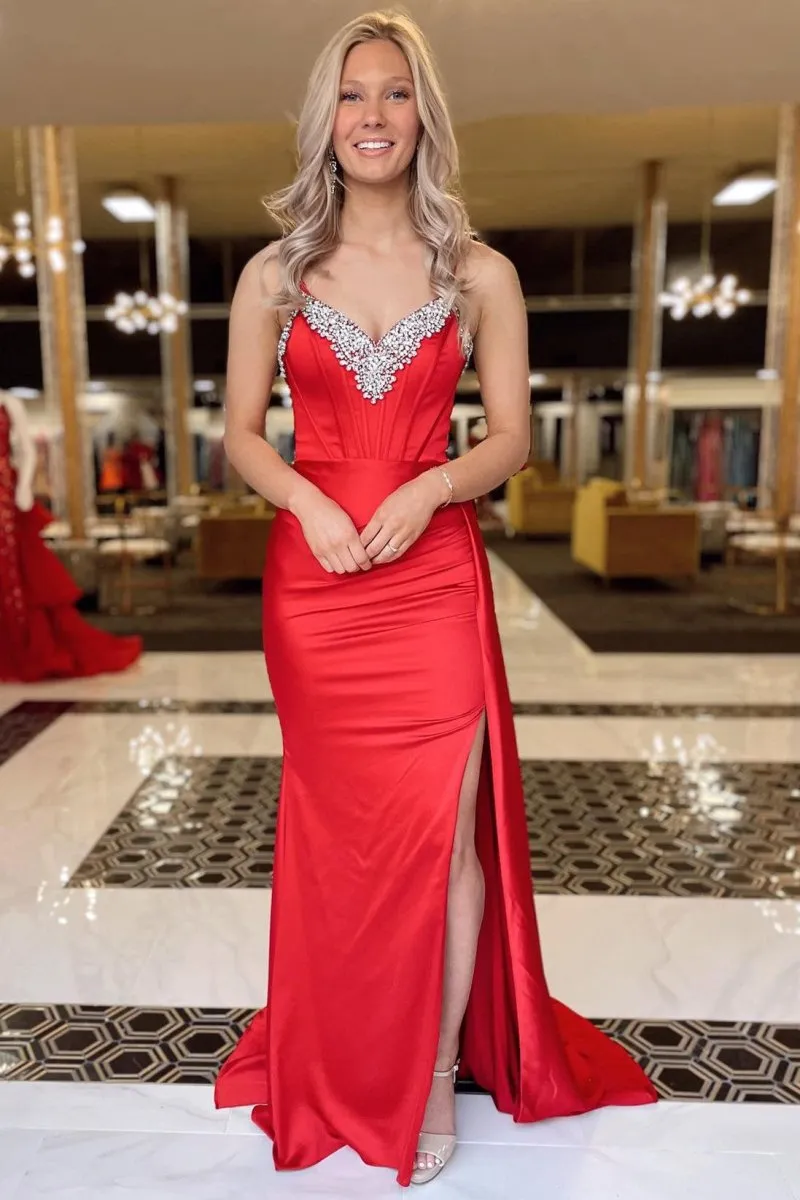 Markie | Black Rhinestone V-Neck Long Formal Dress with Attached Train