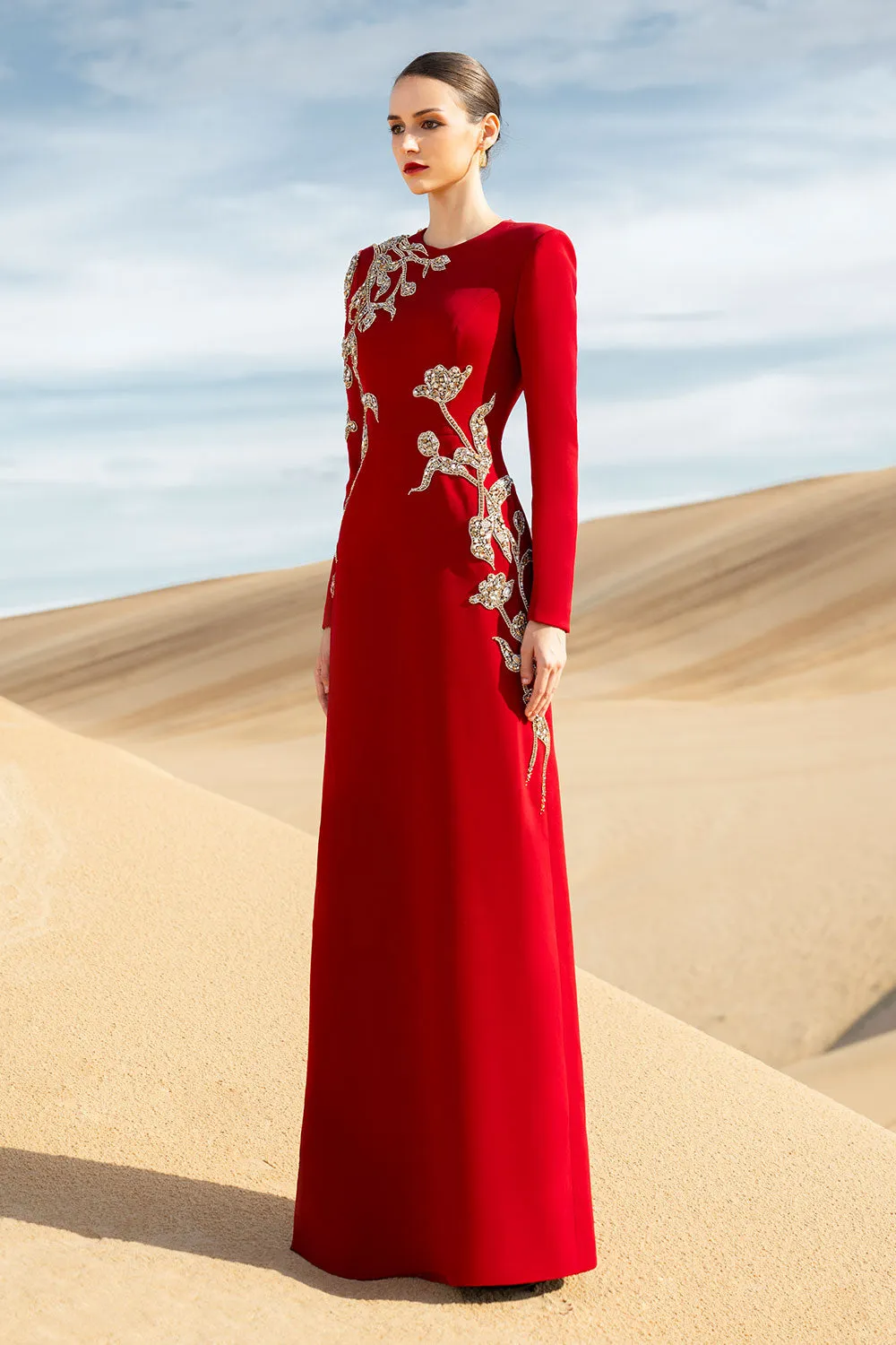 Matilde A-line Long Sleeved Velvet Satin Maxi Dress