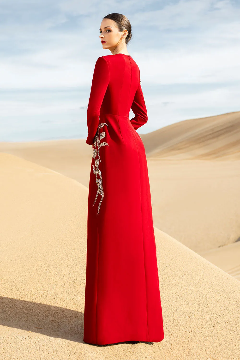 Matilde A-line Long Sleeved Velvet Satin Maxi Dress