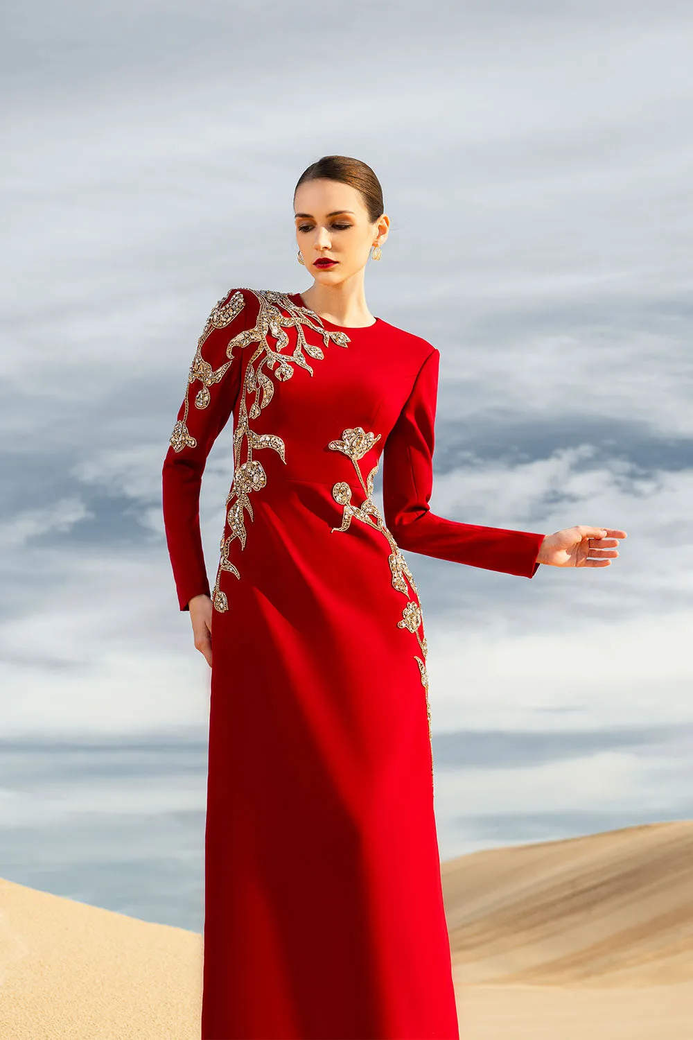 Matilde A-line Long Sleeved Velvet Satin Maxi Dress